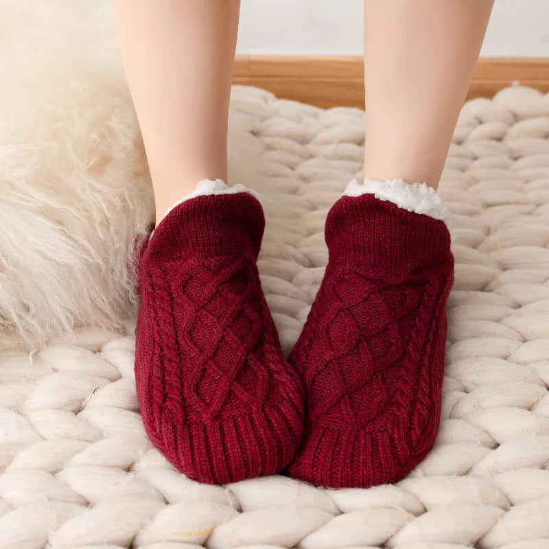 Chaussettes bouclettes bordeaux en tricot épais torsadé, chaudes et enveloppantes pour grand froid