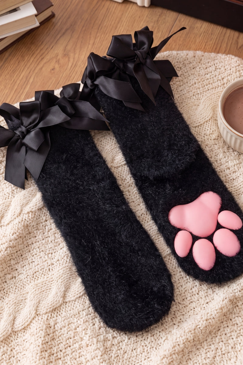 Chaussettes noires à nœud délicat en matière moumoute, élégantes et chaudes, jolie idée cadeau femme