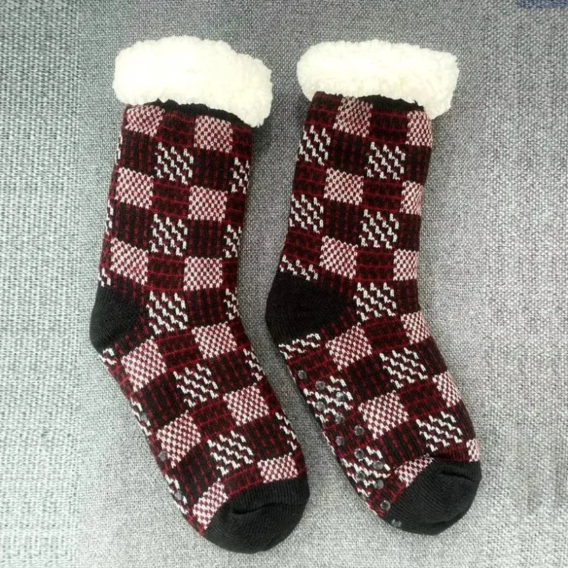 Chaussettes norvégiennes bordeaux à motif jacquard nordique, chaudes et authentiques esprit chalet