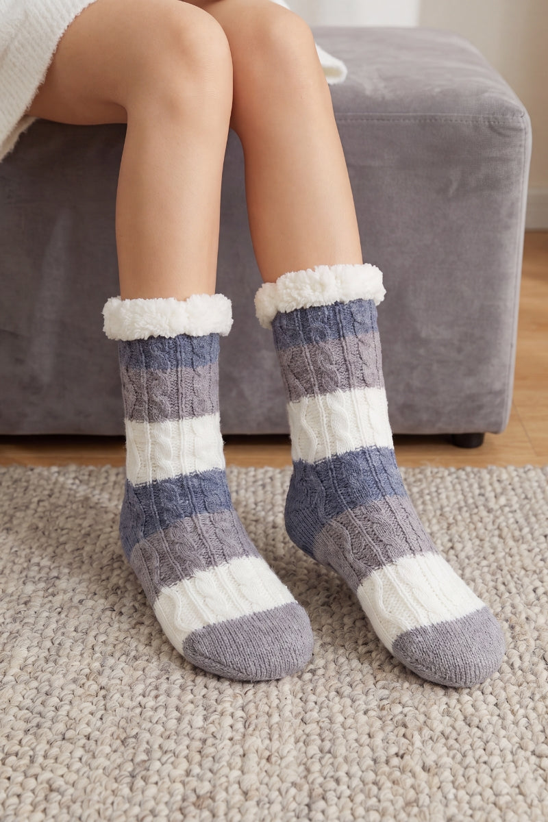 Chaussettes torsadées à rayures bleu et blanc en tricot, jolies et chaudes pour l'hiver cocooning