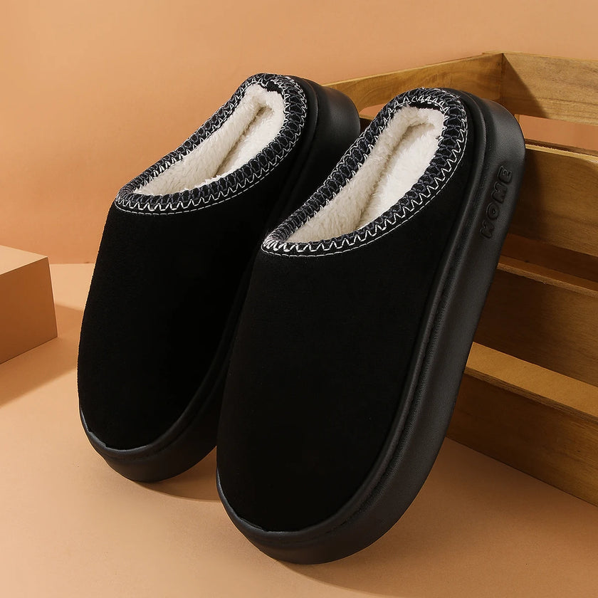 Chaussons en daim camel à doublure douce, chics et chauds pour l'intérieur en hiver