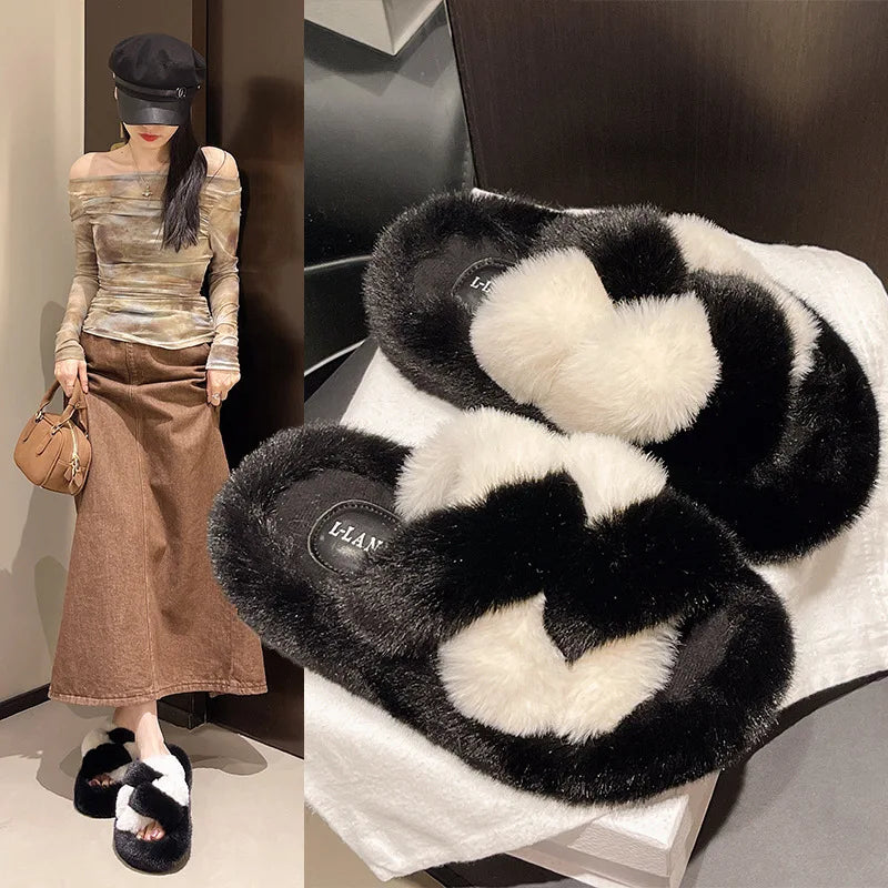Claquettes fourrure blanches à gros nœud élégant, moelleuses et raffinées, joli cadeau chic pour femme
