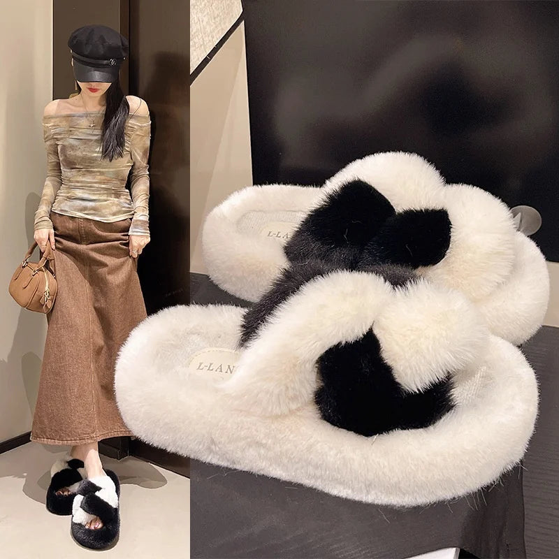 Claquettes fourrure blanches à gros nœud élégant, moelleuses et raffinées, joli cadeau chic pour femme