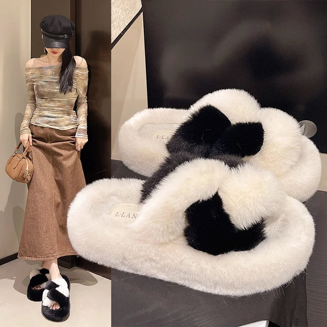 Claquettes fourrure blanches à gros nœud élégant, moelleuses et raffinées, joli cadeau chic pour femme