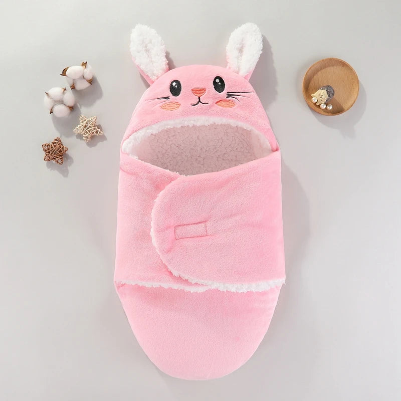 Couverture d'emmaillotage à capuche lapin rose, cocon d'emmaillotage doux et chaud pour nouveau-né