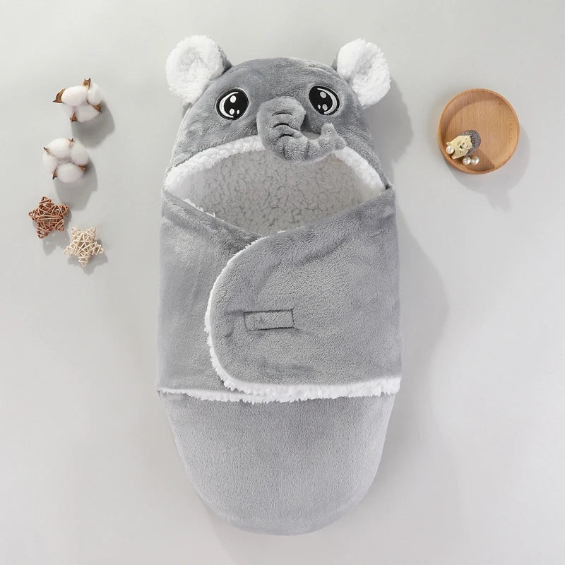 Nid de couchage bébé à capuche éléphant gris, cocon d'emmaillotage doux et chaud pour nouveau-né