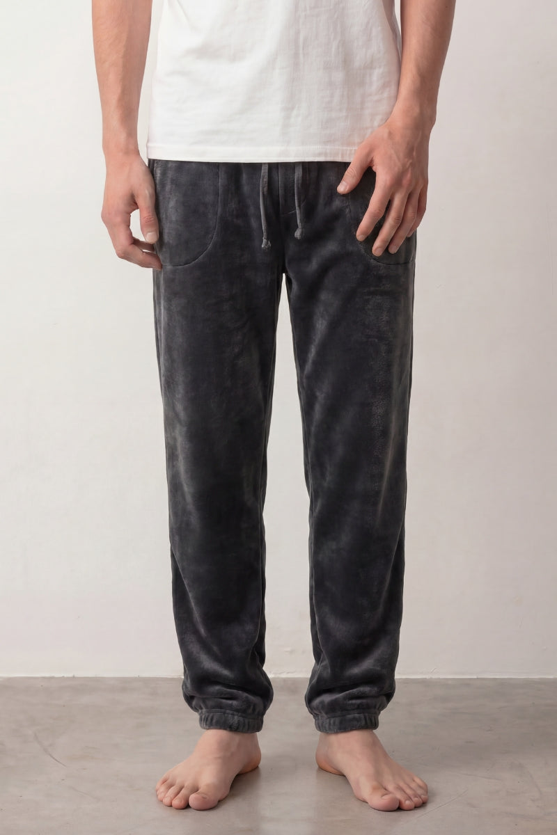 Pantalon pyjama homme anthracite en pilou, taille à cordon poches et bas resserré jogging, vue de face
