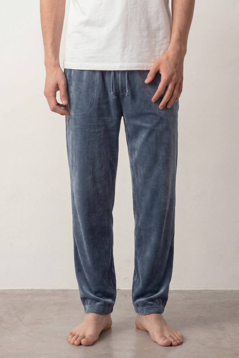 Pantalon pyjama homme bleu gris en pilou, taille élastiquée et bas resserré jogging, vue de face