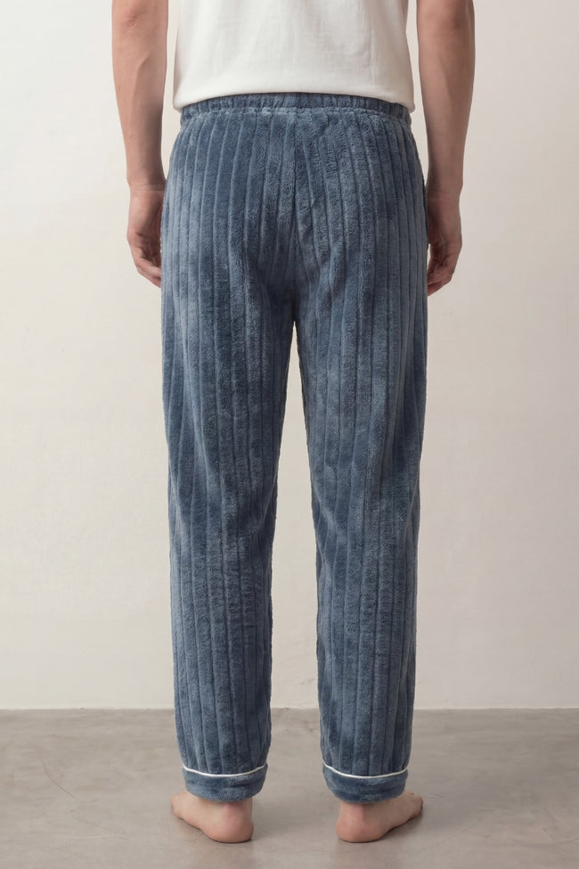 Pantalon pyjama homme bleu denim en pilou côtelé, vue de dos