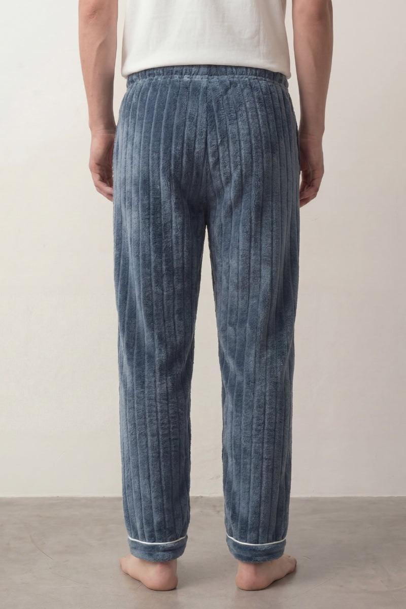 Pantalon pyjama homme bleu denim en pilou côtelé, vue de dos