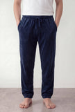 Pantalon pyjama homme bleu marine en pilou, taille à cordon et bas resserré jogging, vue de face