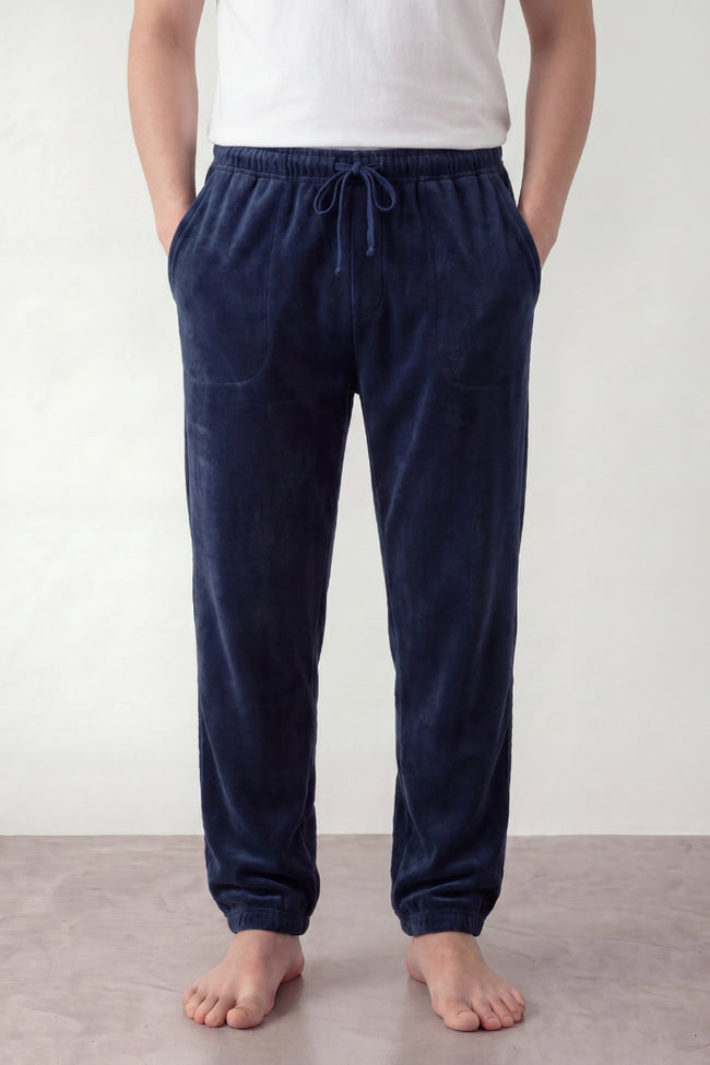 Pantalon pyjama homme bleu marine en pilou, taille à cordon et bas resserré jogging, vue de face