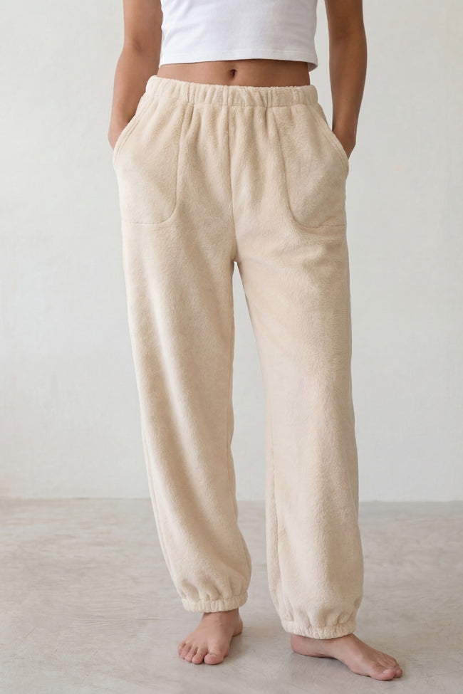 Pantalon pyjama femme polaire écru, vue de face détaillée
