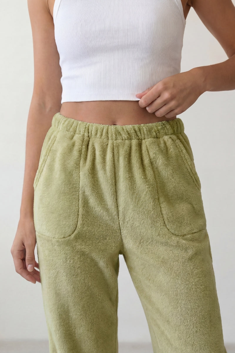 Pantalon pyjama femme polaire kaki, vue de face détaillée