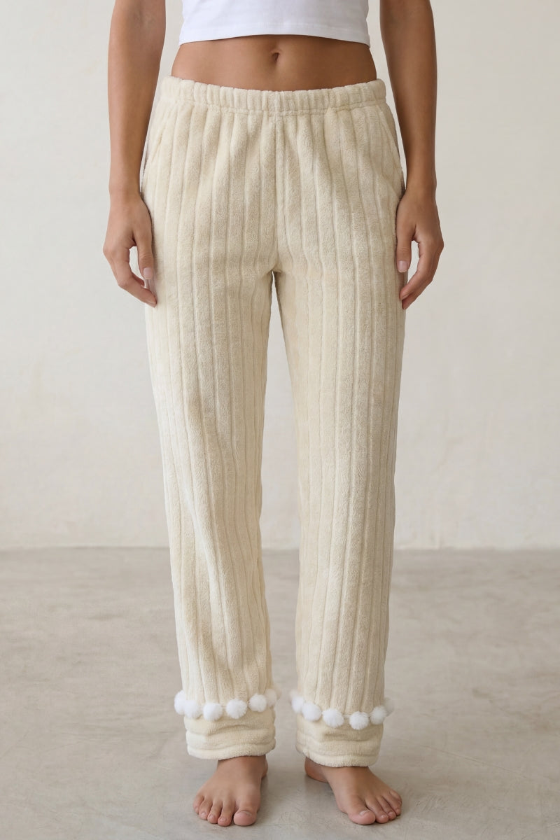 Pantalon pyjama femme écru à pompons, vue de face détaillée
