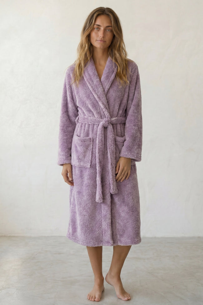 Peignoir polaire femme, coupe longue à col châle, coloris mauve, vue de face
