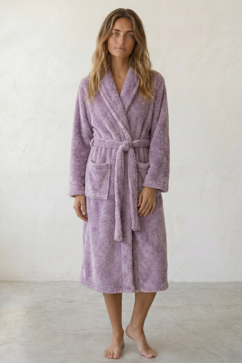 Peignoir polaire femme, coupe longue à col châle, coloris mauve, vue de face