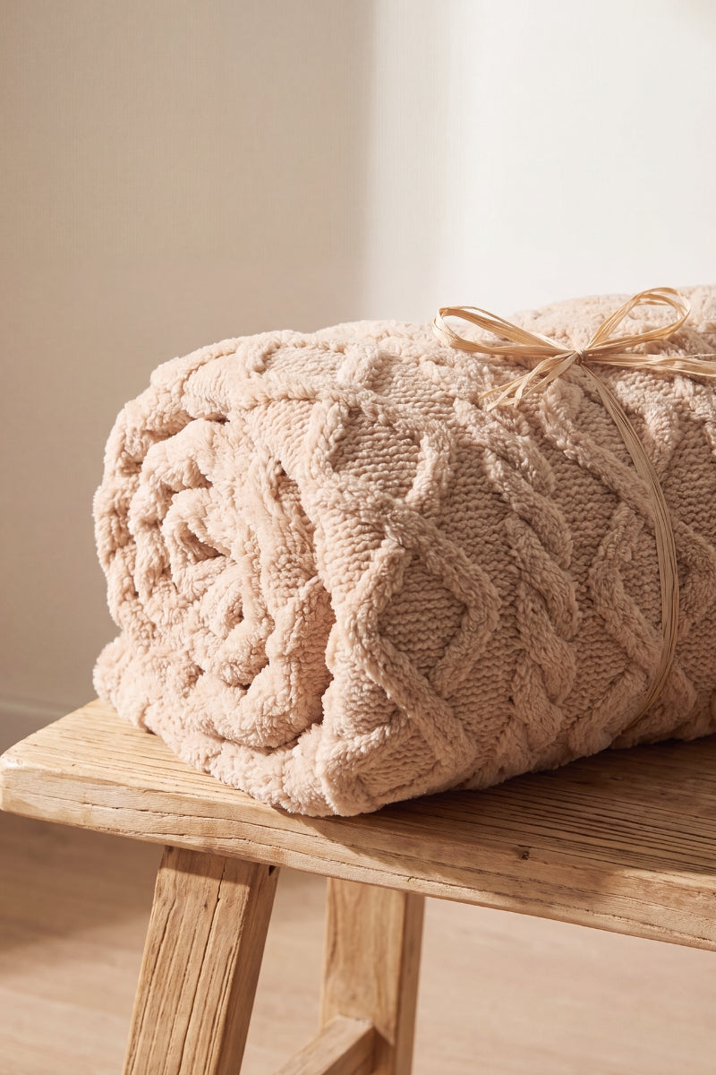 Plaid cocooning marron torsadé en pilou pilou, ultra doux et chaud pour cocooner sur le canapé