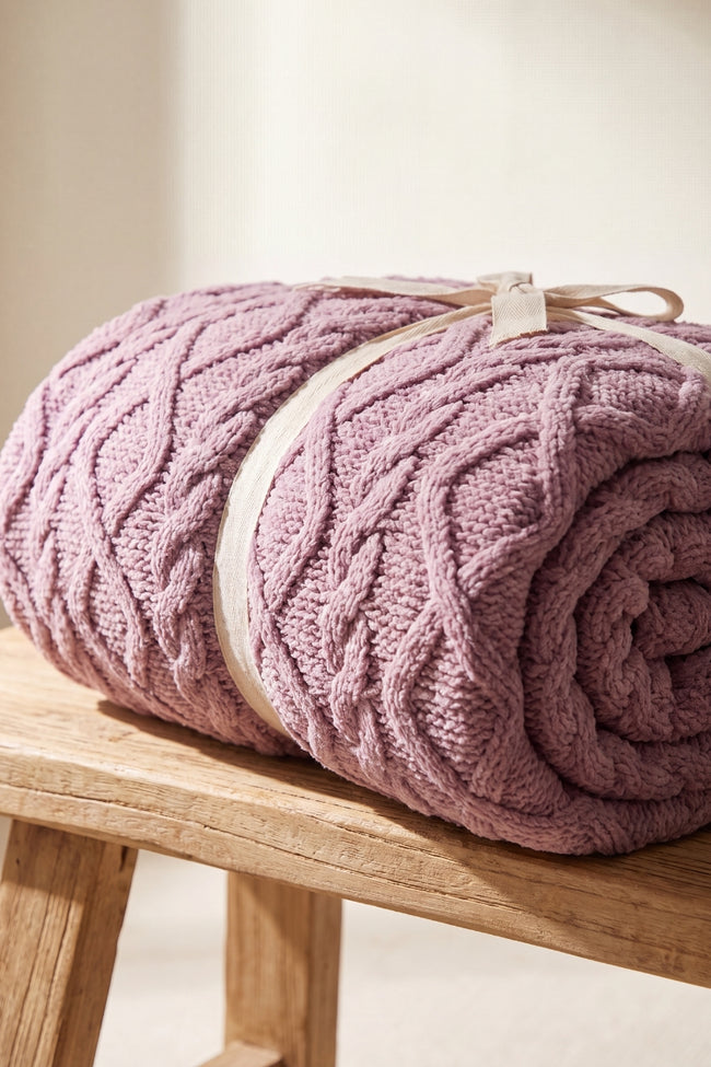 Plaid douillet mauve torsadé en pilou pilou, ultra doux et chaud pour cocooner sur le canapé