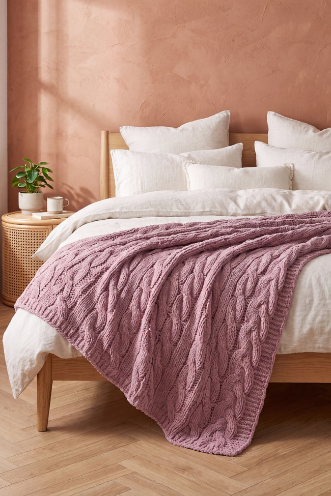 Plaid douillet mauve torsadé en pilou pilou, ultra doux et chaud pour cocooner sur le canapé