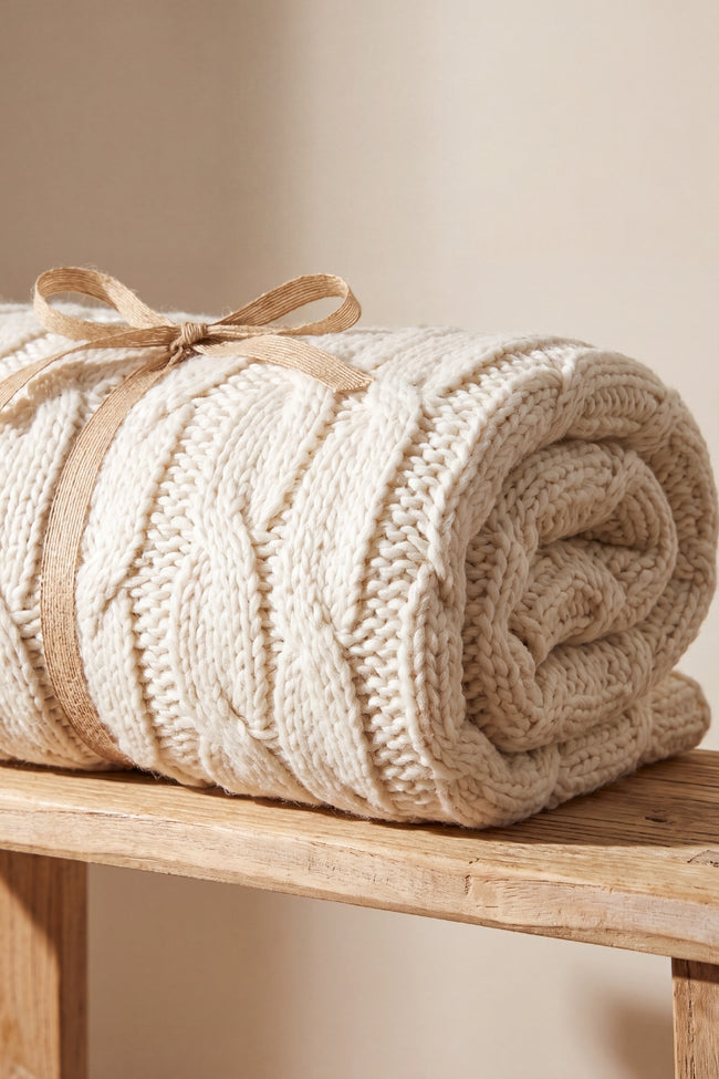 Plaid moelleux crème torsadé en pilou pilou, ultra doux et chaud pour cocooner sur le canapé
