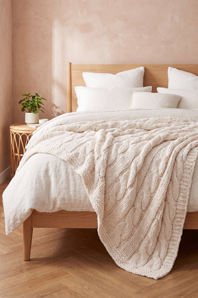 Plaid moelleux crème torsadé en pilou pilou, ultra doux et chaud pour cocooner sur le canapé