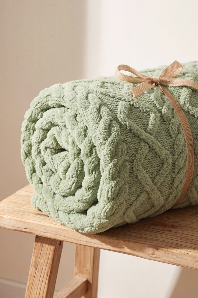 Plaid sherpa vert torsadé en pilou pilou, ultra doux et chaud pour cocooner sur le canapé