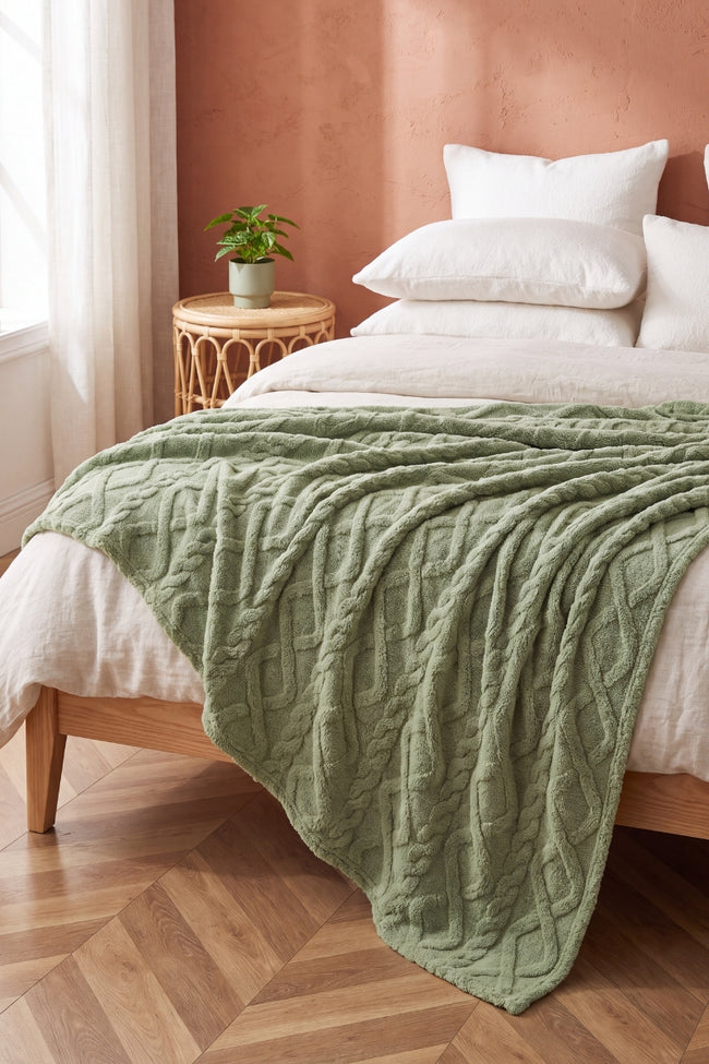 Plaid sherpa vert torsadé en pilou pilou, ultra doux et chaud pour cocooner sur le canapé