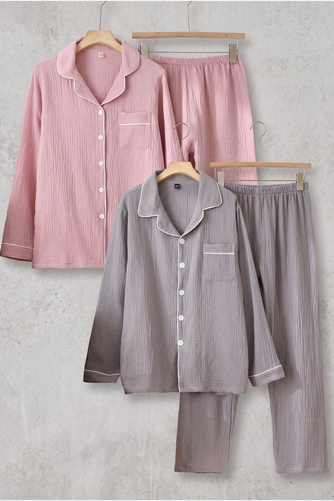 Pyjama accordé couple, ensemble assorti homme et femme (rose et gris clair) doux et chaud pour cocooner à deux en hiver