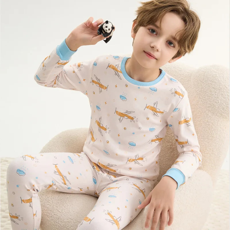 Pyjama avion garçon écru, haut à manches longues à motif avions et pantalon assorti