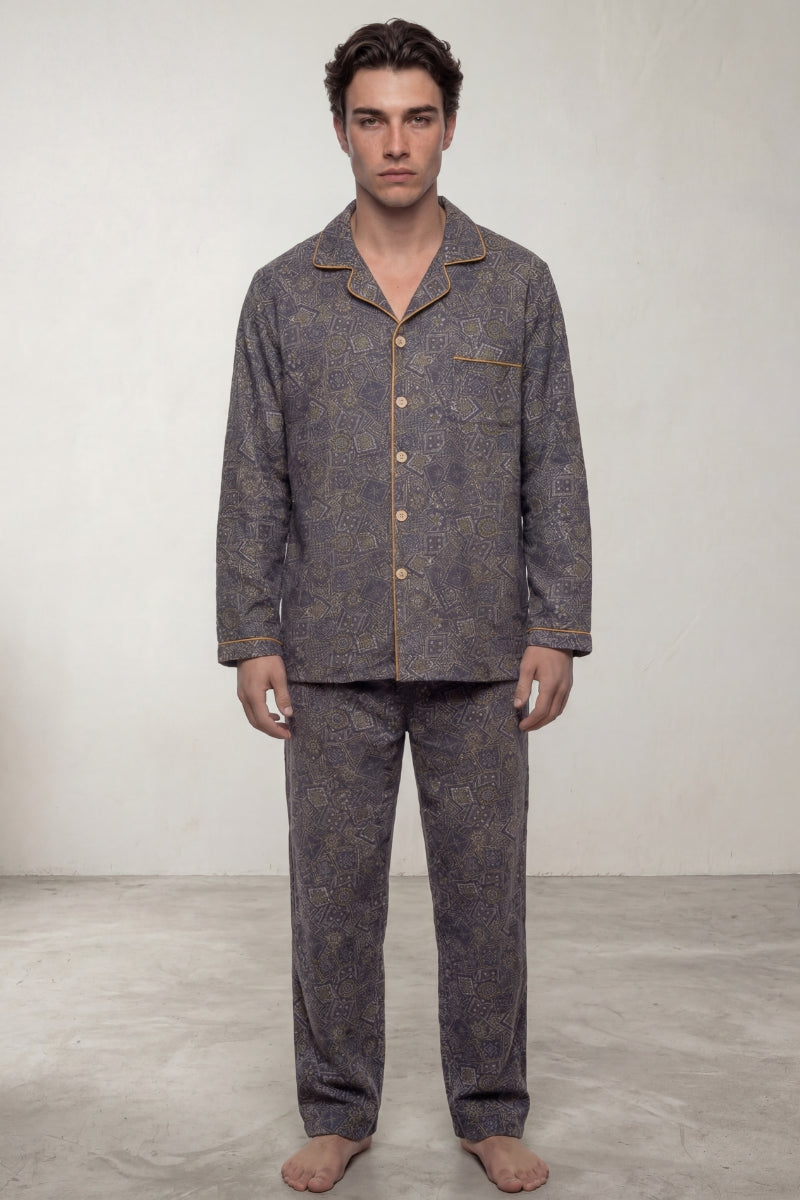 Pyjama coton anthracite homme, chemise manches longues et pantalon assorti, vue de face