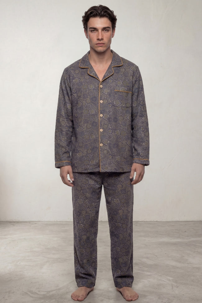 Pyjama coton anthracite homme, chemise manches longues et pantalon assorti, vue de face