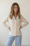 Pyjama coton bicolore femme écru et bleu, haut manches longues et pantalon assorti, vue de face