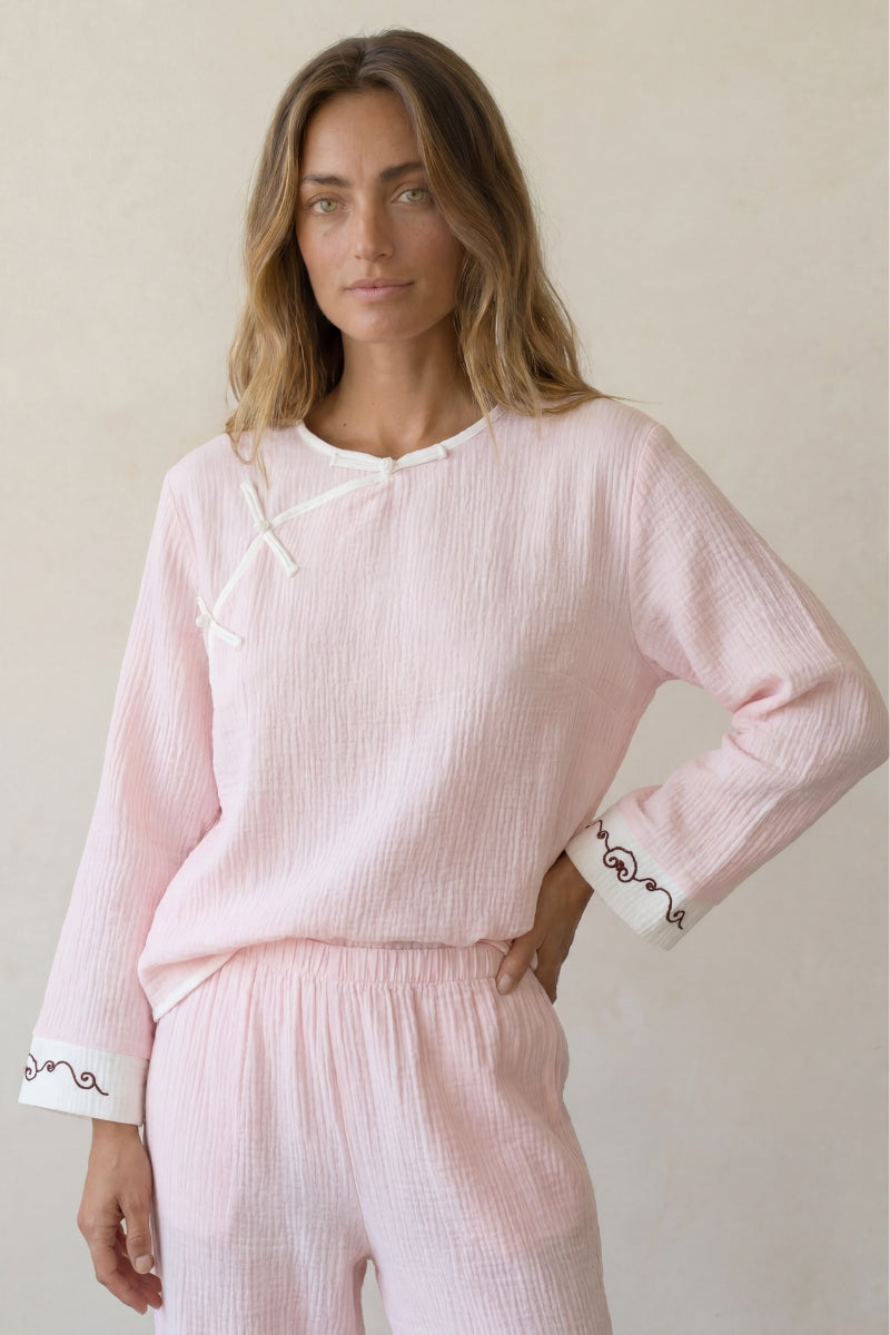 Pyjama coton cache-cœur kaki femme, haut cache-cœur noué et pantalon assorti, vue de face, vue 3
