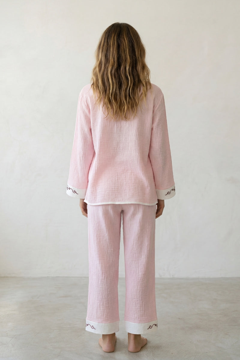 Pyjama coton cache-cœur kaki femme, haut cache-cœur noué et pantalon assorti, vue de face, vue 5