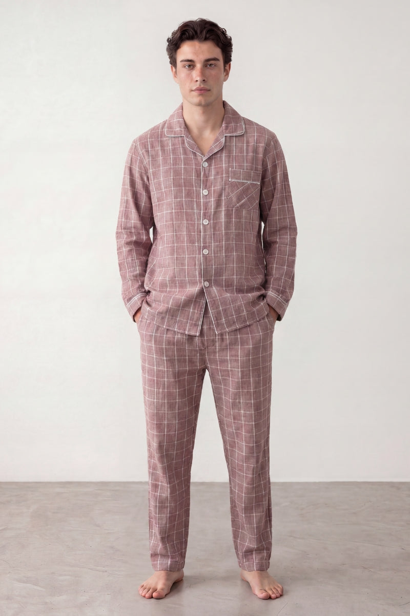 Pyjama coton carreaux rose homme, chemise manches longues à carreaux et pantalon assorti, vue de face