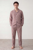 Pyjama coton carreaux rose homme, chemise manches longues à carreaux et pantalon assorti, vue de face