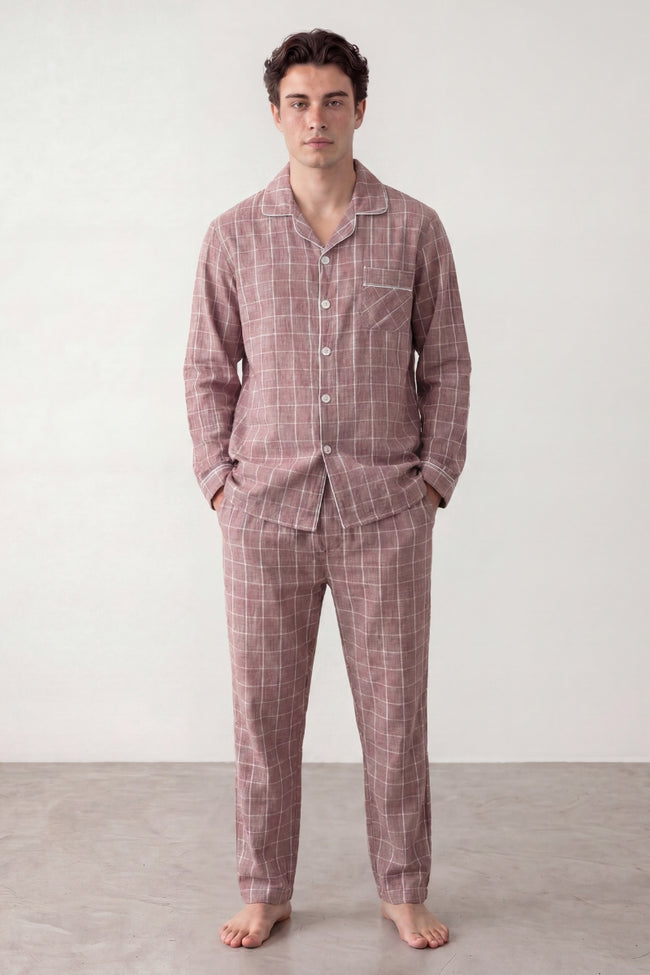 Pyjama coton carreaux rose homme, chemise manches longues à carreaux et pantalon assorti, vue de face