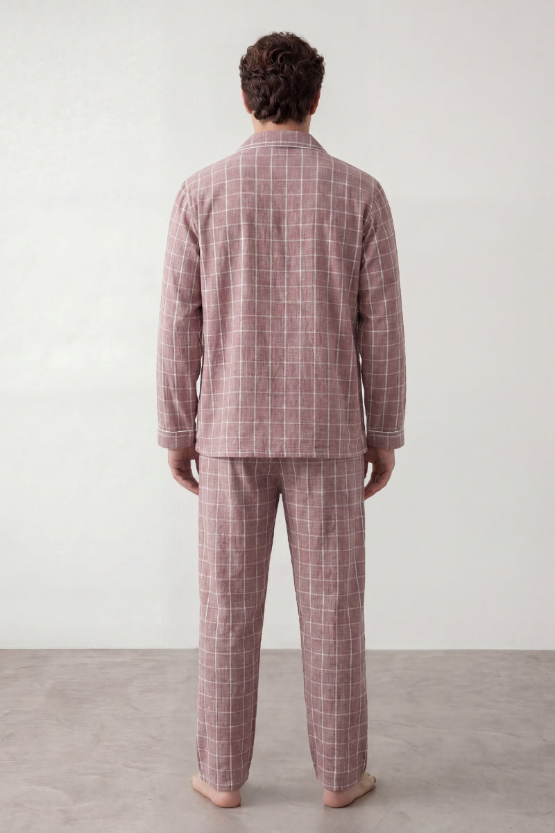 Pyjama coton carreaux rose homme, chemise manches longues à carreaux et pantalon assorti, vue de face, vue 3