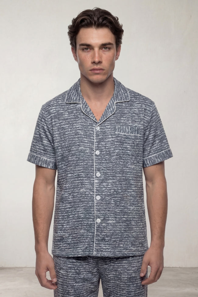 Pyjama coton chiné homme gris bleu, chemise manches courtes et pantalon assorti, vue de face