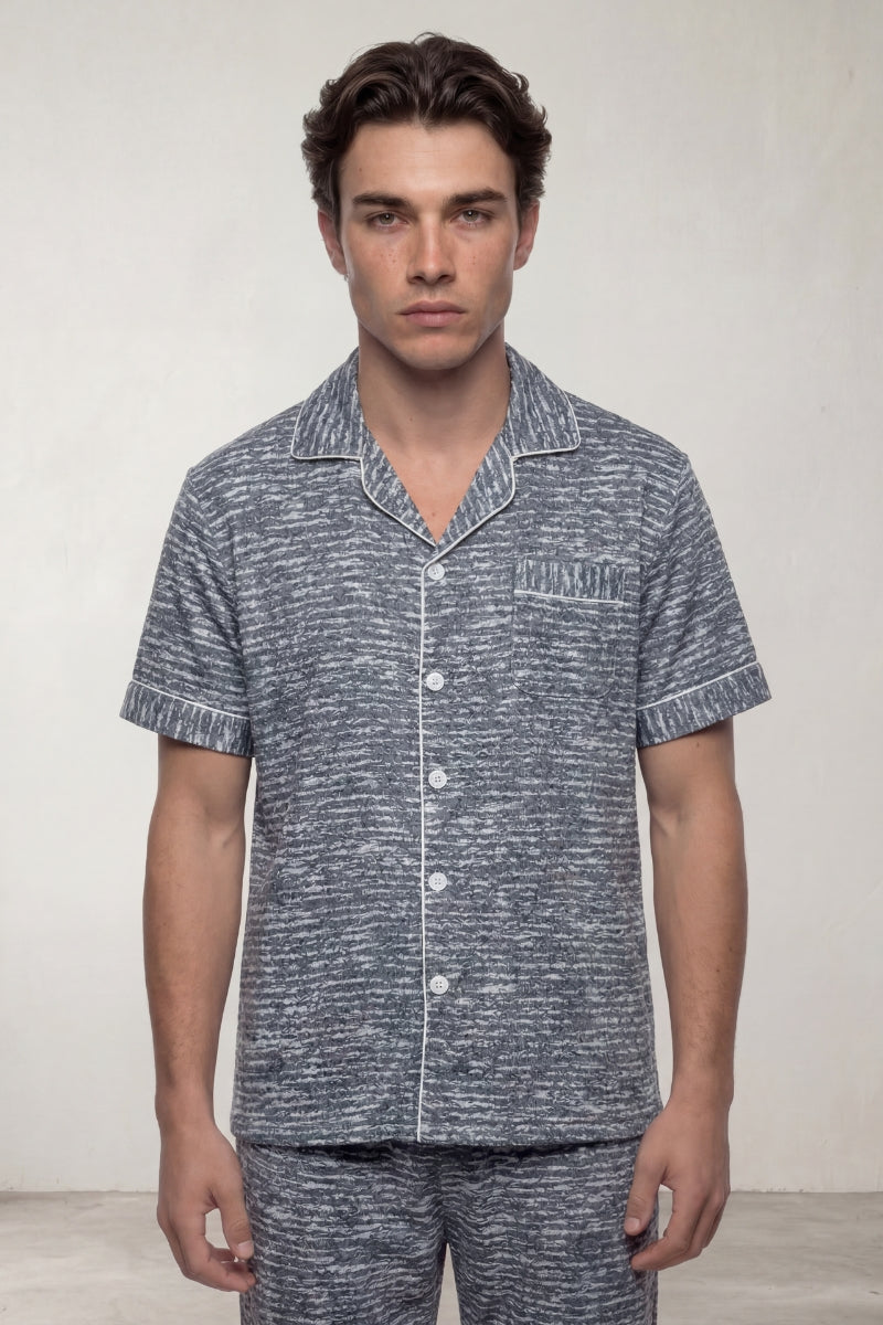 Pyjama coton chiné homme gris bleu, chemise manches courtes et pantalon assorti, vue de face