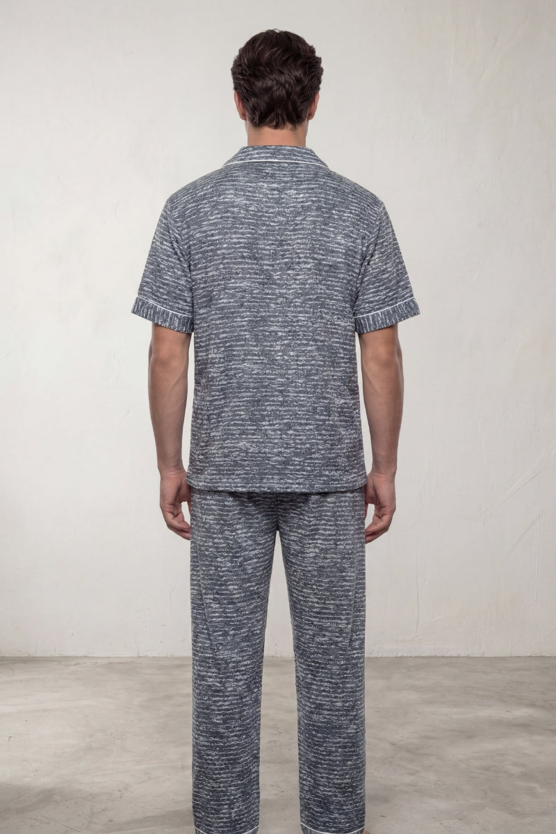 Pyjama coton chiné homme gris bleu, chemise manches courtes et pantalon assorti, vue de face, vue 2