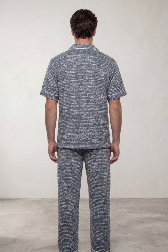Pyjama coton chiné homme gris bleu, chemise manches courtes et pantalon assorti, vue de face, vue 2