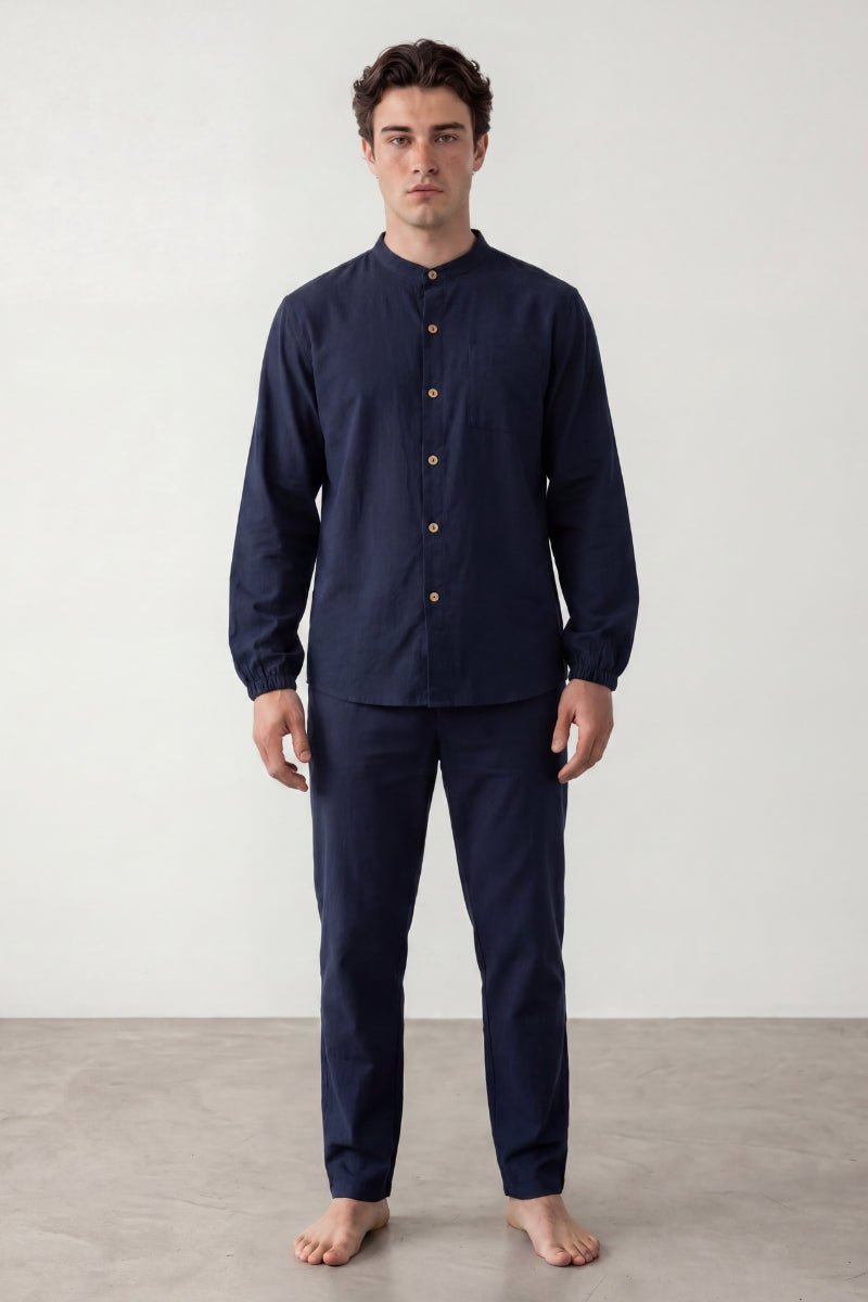 Pyjama coton col mao homme bleu marine, haut col mao et pantalon assorti, vue de face