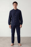 Pyjama coton col mao homme bleu marine, haut col mao et pantalon assorti, vue de face