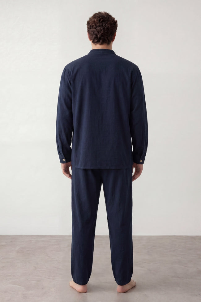Pyjama coton col mao homme bleu marine, haut col mao et pantalon assorti, vue de face, vue 2