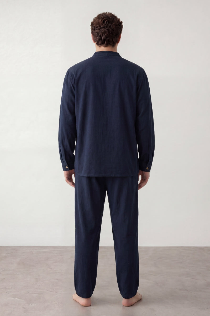 Pyjama coton col mao homme bleu marine, haut col mao et pantalon assorti, vue de face, vue 2