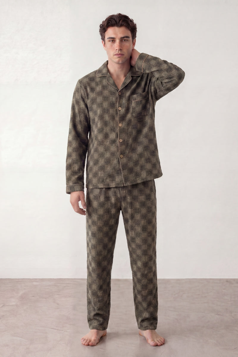 Pyjama coton damier homme gris, chemise manches longues à damier et pantalon assorti, vue de face, vue 2