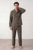 Pyjama coton damier homme gris, chemise manches longues à damier et pantalon assorti, vue de face, vue 2