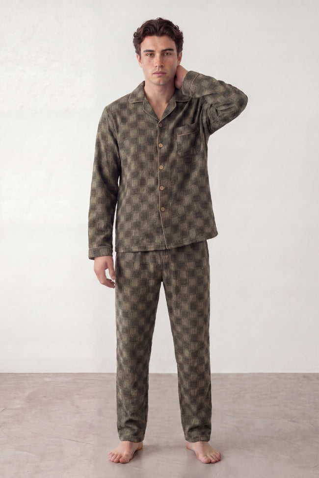 Pyjama coton damier homme gris, chemise manches longues à damier et pantalon assorti, vue de face, vue 2